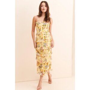 LET ME BE Women's Floral Tiered Smocked Midi Dress Size M In Light Yellow